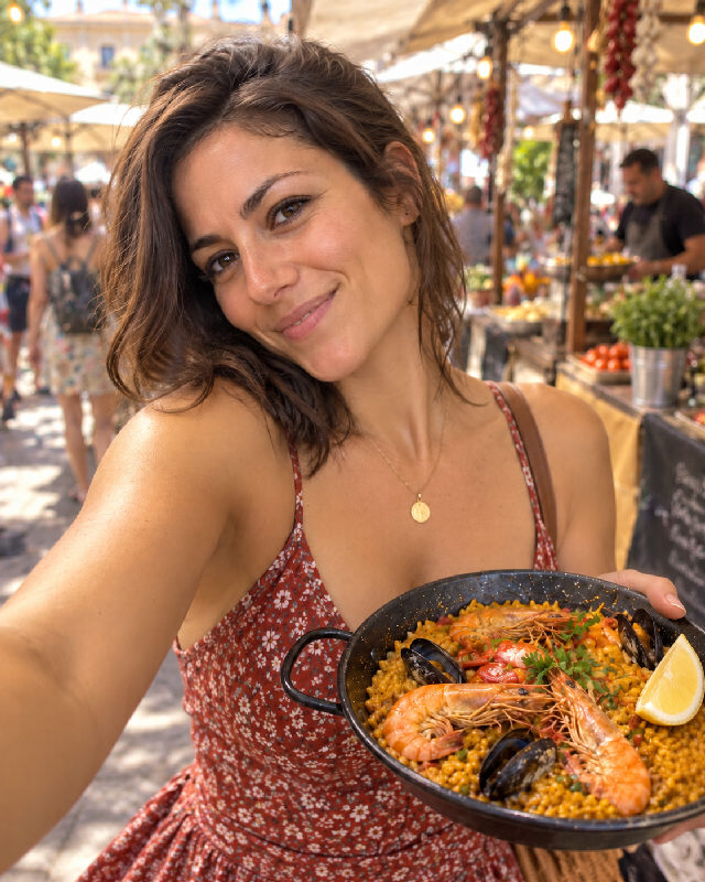 Dating profile photo of a woman holding a paella pan at a food market